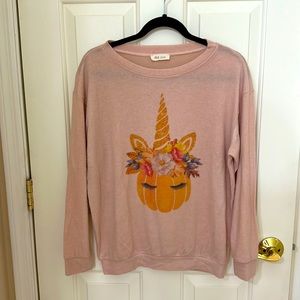 Perfect for Halloween! Plil Love size Medium. Pink sweater with Unicorn Pumpkin.